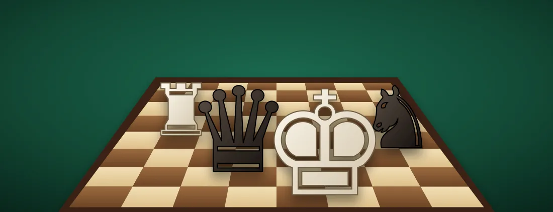 A king, queen, rook and knight on a chessboard