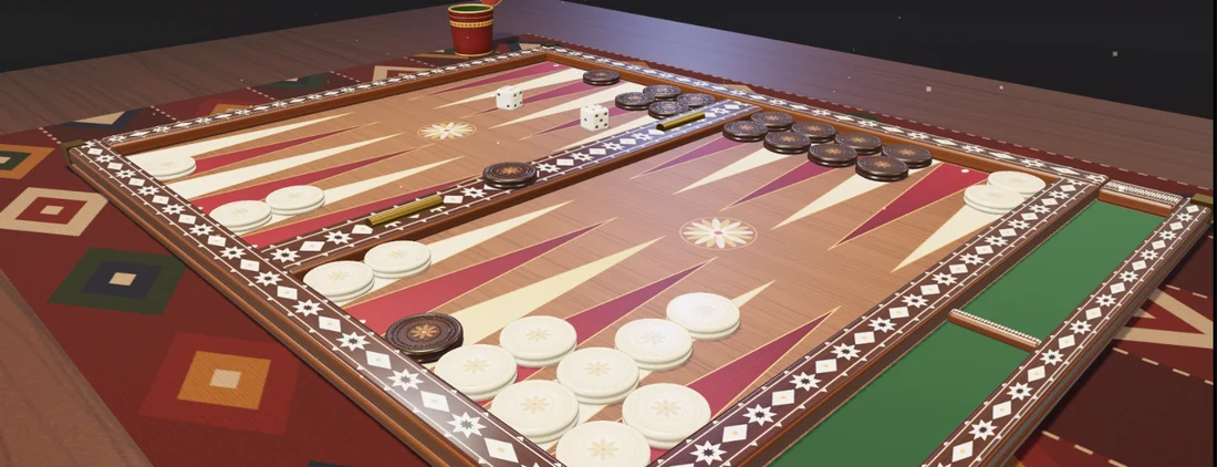 A 3D tavla board inlaid with mother-of-pearl, ivory and ebony checkers and a dice cup